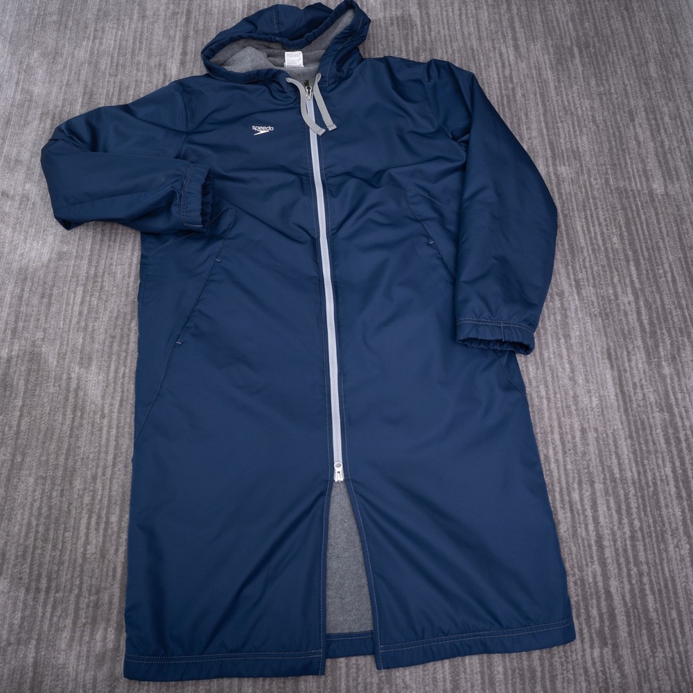 Speedo Swim Parka Adult Medium Navy Blue Excellent Fleece Lined Hooded Jacket
